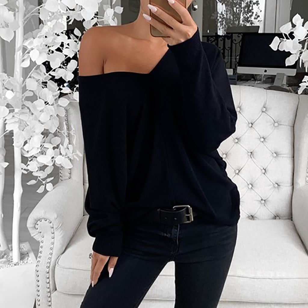 Women's Tops Tees T-Shirt European and American style new simple big V-neck shoulder sleeves loose long-sleeved