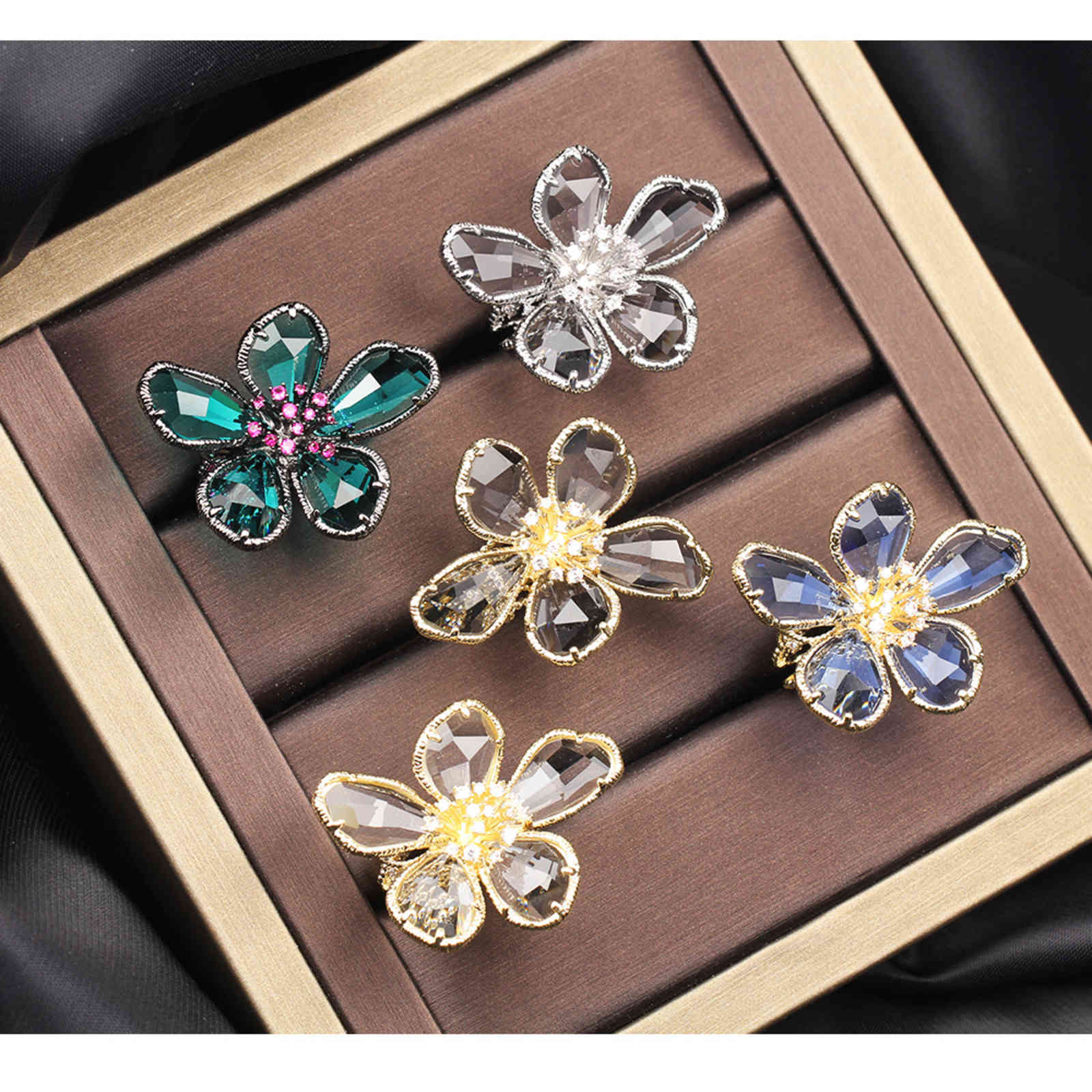 Multicolor Crystal Flower Ring Red Blue Green Exaggerated Women's Open