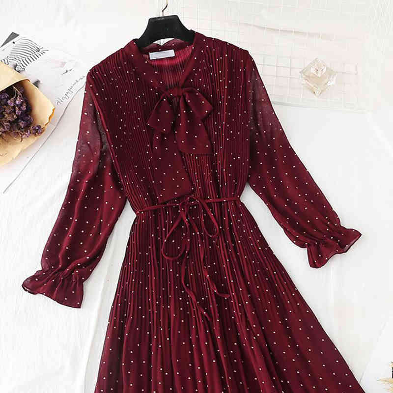 Polka Dot Elegant Women Dress Casual Flare Sleeve Long Party Dress Bow Dot Print Pleated Chiffon Dresses Vintage Vestido 210521