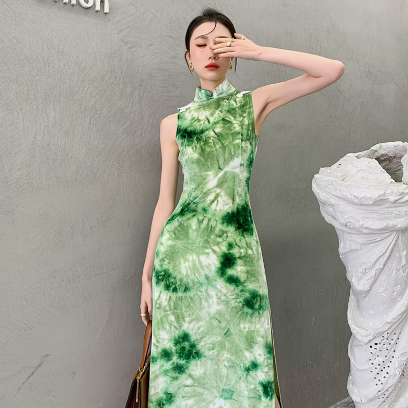 Women Velvet Cheongsam Slim Sleeveless Turtleneck Green Color Retro Fit Lady Fashion Summer 2H106 210526