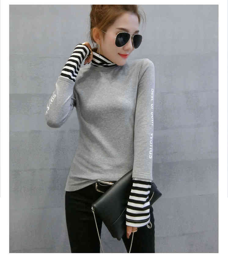 European Fashion Patchwork Striped Thick Broshed Tshirt Autumn Winter Long Sleeve Top Clothes Camiseta Mujer Shirt T97311 210406
