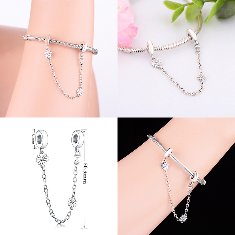 Fit Original Brand Charm Bracelet 925 Sterling Silver Daisy Flower Beads Safety Chain & Clip Lock Fine Jewelry Berloque DIY