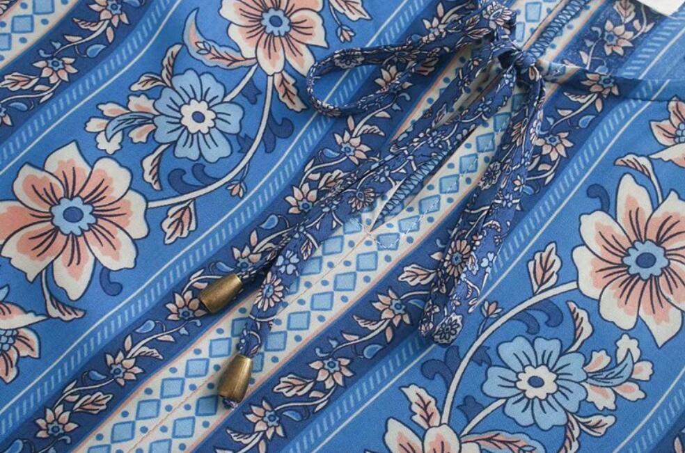 Bohemia Lacing up V neck Location Floral Print Lantern Long Sleeve Short Dress Hippie Woman Holiday Dresses BOHO Vestidos 210429