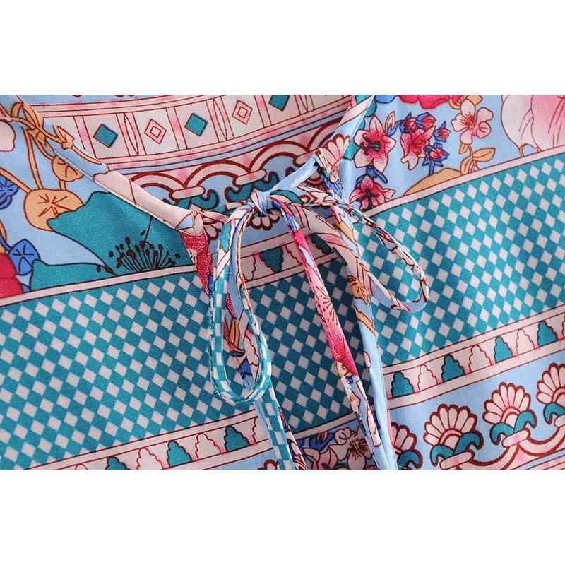 Autumn Bohemian Lace up V neck Location Floral Print Maxi Long Dress BOHO Hippie Woman Bandage Sleeve Dresses Vestido 210429