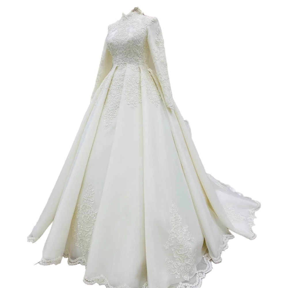 Muslim Saudi Long Arabic Sleeves Wedding Gowns Modest High Neck Lace Applique Beaded Bride Dresses A Line Sweep Train Vestidos De Novia AL L