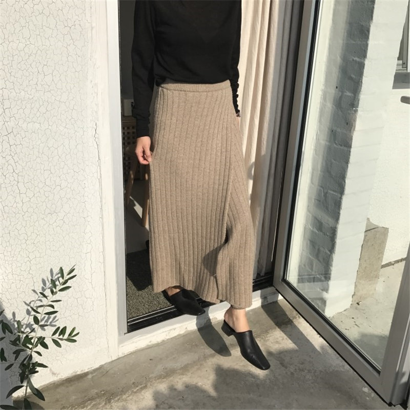 Minimalist OL Elegant Solid Split Long Skirts Elastic High Waist Slim Knitted Office Lady Female Women 210421