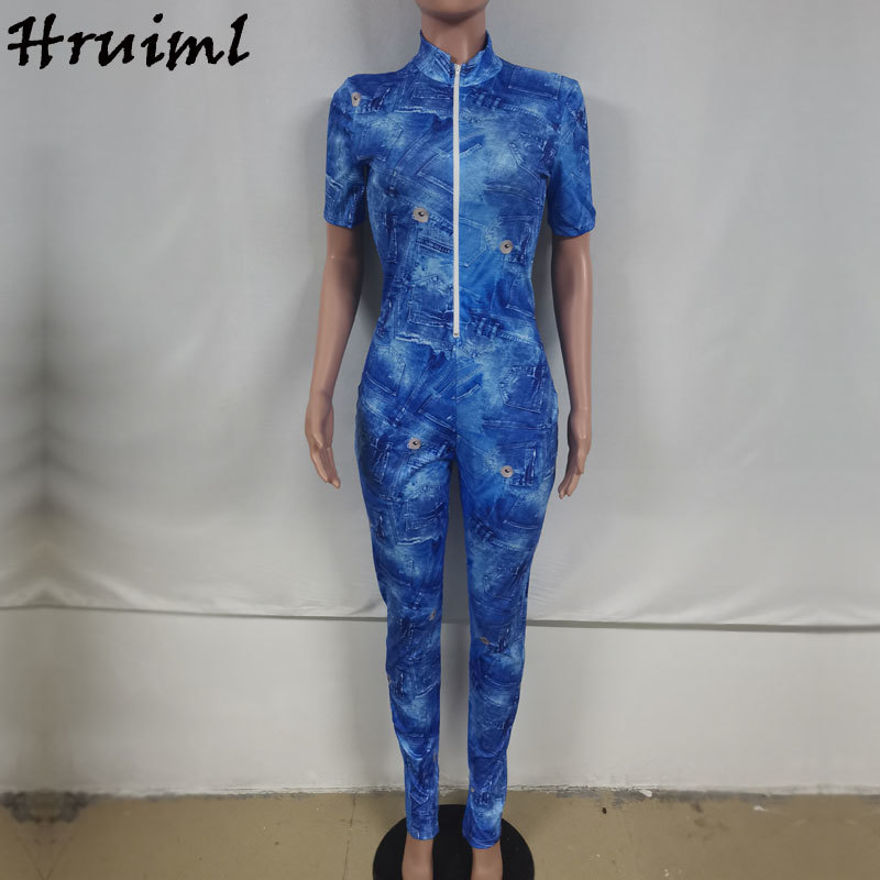 Women Jumpsuits for Summer Fashion Short Sleeve Stand Collar Zipper Skinny Body Suits Bodycon Overalls Outfit 210513