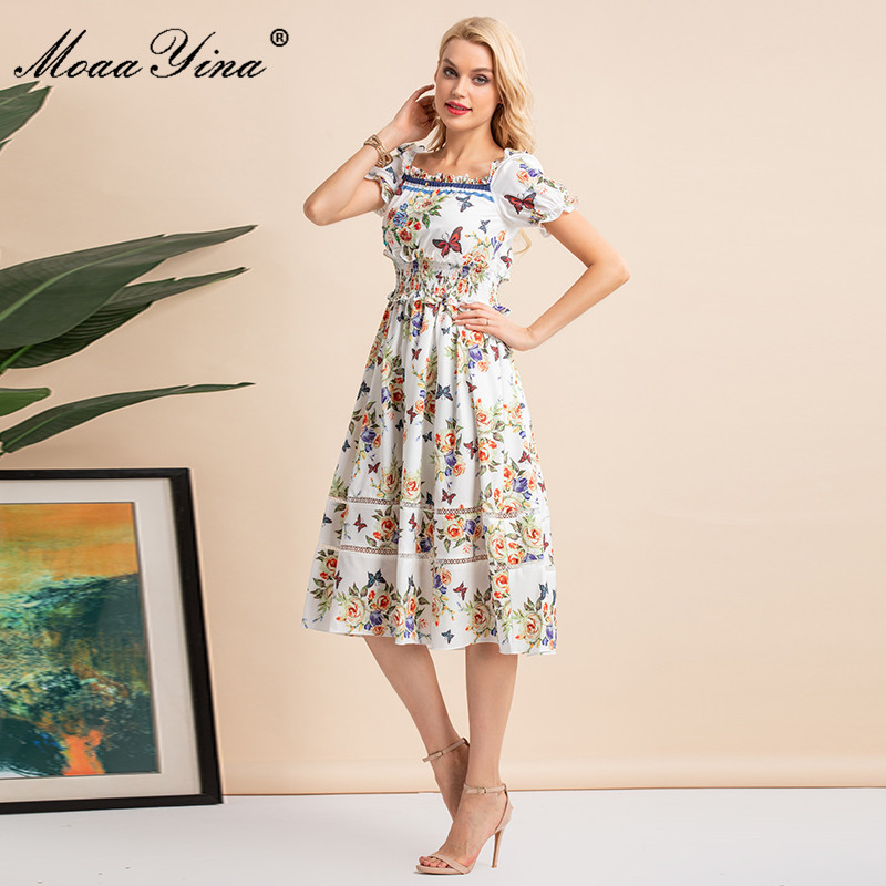 Summer Fashion Beading Printed Elegant Vacation Midi Dress Women's Elastic waist Floral Vintage Party 210524
