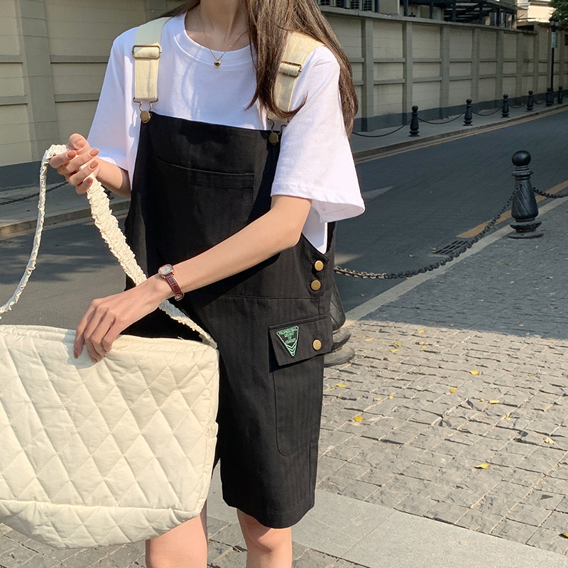 SML Summer korean preppy style Black Jumpsuit Denim Overalls Loose Casual Girls Beige Jeans Shorts womens (72852) 210423