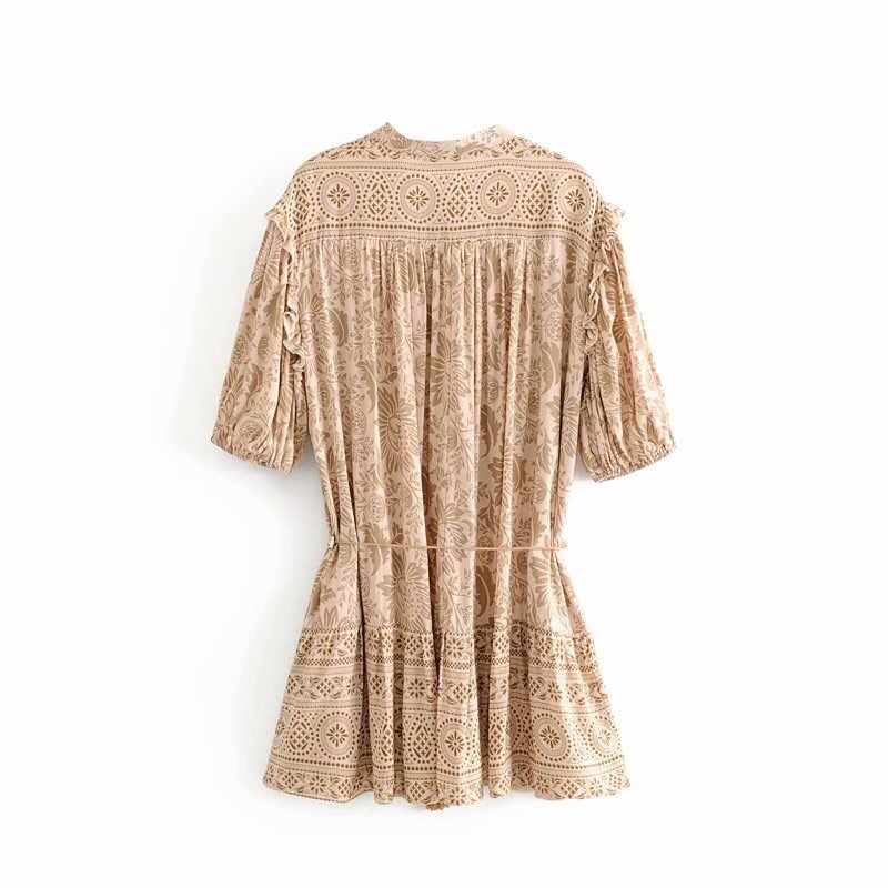 2019 Ruffles Wood ear Floral Print Women Bohemian Dress Vintage V neck Strappy Half Sleeve BOHO Dresses Holiday femme Vestido 210331