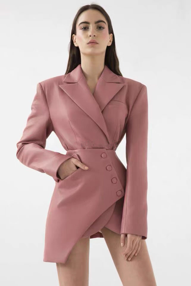Fashion Winter Longsleeve Draped Pink Pu Leather Dresses Sexy Bodycon Club Celebrity PartyTwo Pieces Set PU Jacket 210421