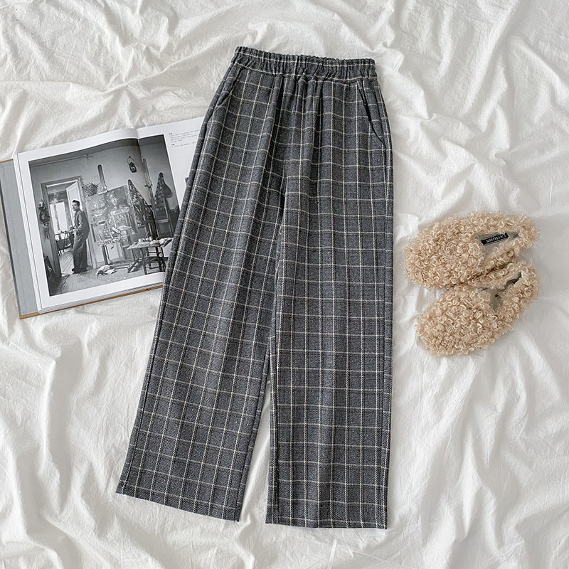 Plaid Pants Women Vintage Elastic High Waist Autumn Winter Pantalones De Mujer Ins Casual Trousers 18853 210415