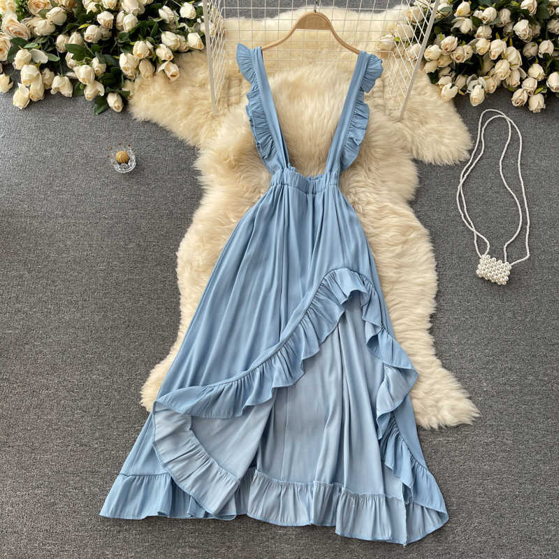 DEAT Women Ruffles Asymmetrical Strap Dress Sleeveless Arrivals Lady Temperament Fashion Spring Summer 11D568 210709