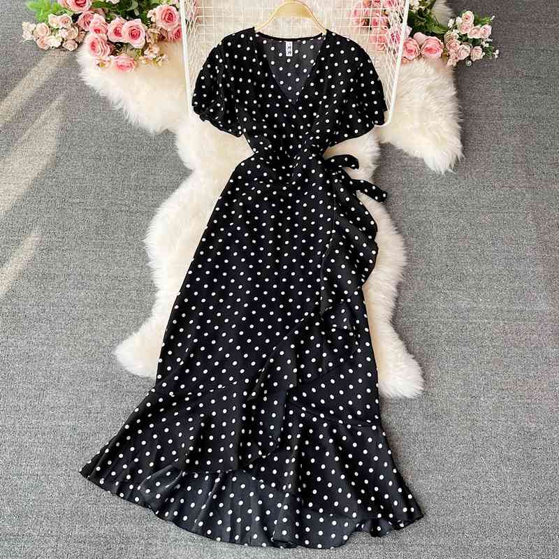 LoveFlowerLife Summer Casual Slim Short Dress A Line V Neck Elegant Chiffon Polka Dot Women Medium Dresses 210521