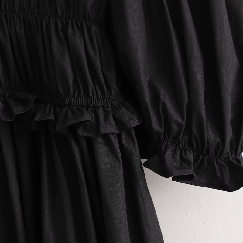 Casual Woman Black Soft Pleated Satin Dress Spring Fashion Ladies Puff Sleeve es Female Elegant A-Line 210515