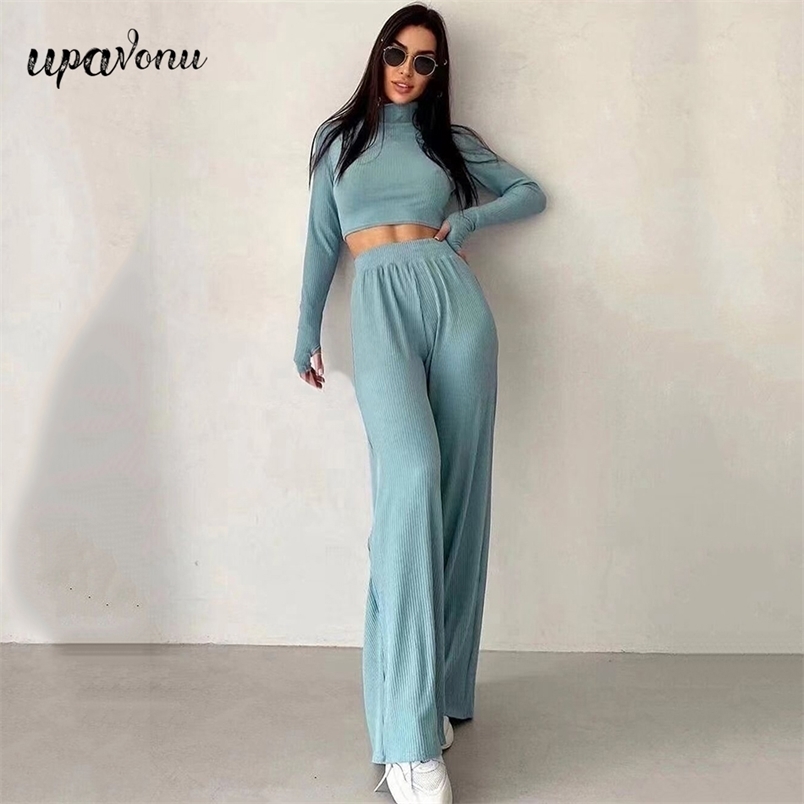 Free Women's Rib Knit Suit Casual High Neck Long Sleeve Turtleneck Short Top & Wide Leg Pants Two-Piece Set 210524