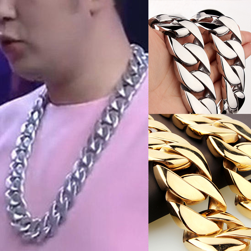 Big Heavy 31MM Wide Shiny Cuban Link Necklace Men Hip Hop Stainless Steel Chunky Miami Curb Chains Hand-polished Casting Bracelet Hip Hop Wolf Tide Pu