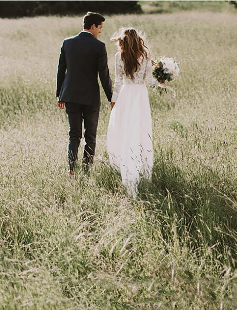 Bohemian Lace Wedding Dresses With Country Long Sleeves Floor Length A Line Lace Applique Chiffon Boho Bridal Gowns Cheap