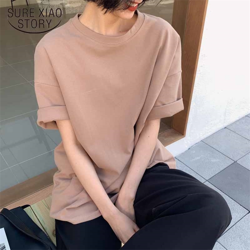 Cotton Ladies Clothing Solid Plus Size Women Tops and Blouse Short Sleeve Casual Loose O Neck Shirts 8779 50 210506