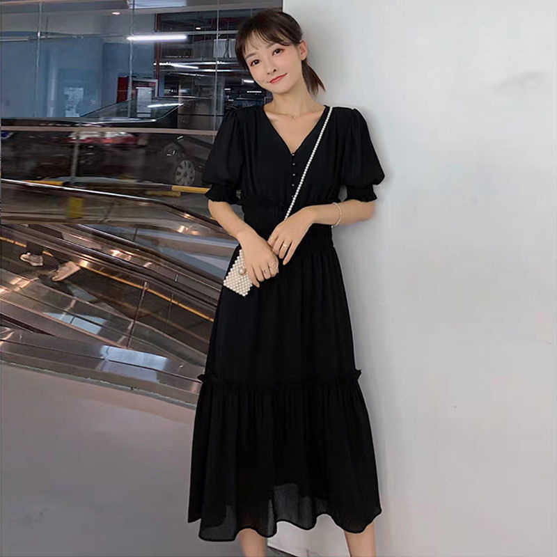 Summer Dress Vintage Women Loose Solid V Neck Button Elastic Waist Ruffle Long Ladies es Vestidos Plus Size 4XL 210526