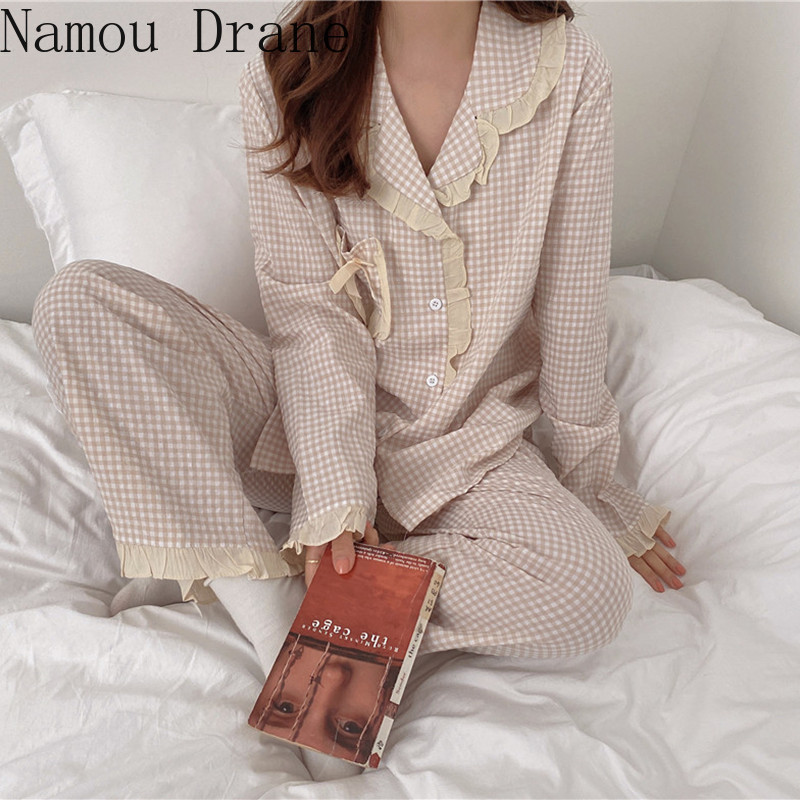 Cotton Sweet Autumn Retro Plaid Fungus Splicing Suit Collar Pajamas Women Fashion Casual Loose Home 210429, Mint
Cotton Sweet Autumn Retro Plaid Fungus Splicing Suit Collar Pajamas Women Fashion Casual Loose Home 210429, Mint