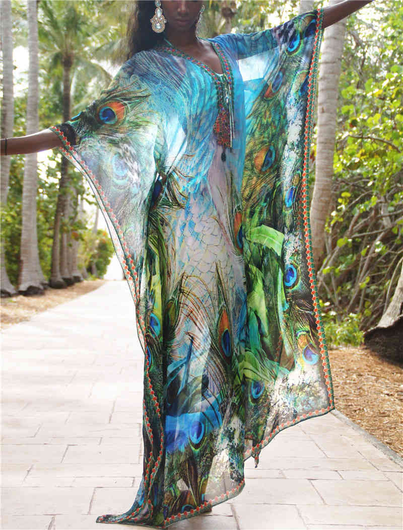 Chiffon Long Beach Cover up Women Dresses Robe de Plage Vestidos Playa Bikini cover Pareos Mujer Beachwear #Q1041 210420