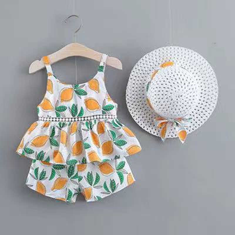 Summer 3-piece Toddler Girl Fruit Lemon Top and Shorts Set with Hat 210528