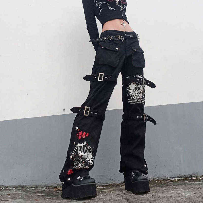 Punk style printed low-rise jeans women's gothic fashion overalls with buckle pocket retro denim trousers y2k 211129