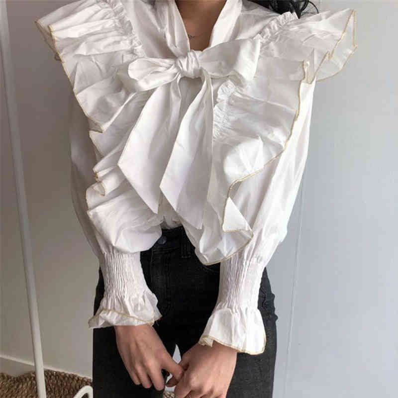 Women White Blouse Spring Korean Style Fashion Lace Bow Long-Sleeve Shirt Loose Black Female Tops 0735J 210420