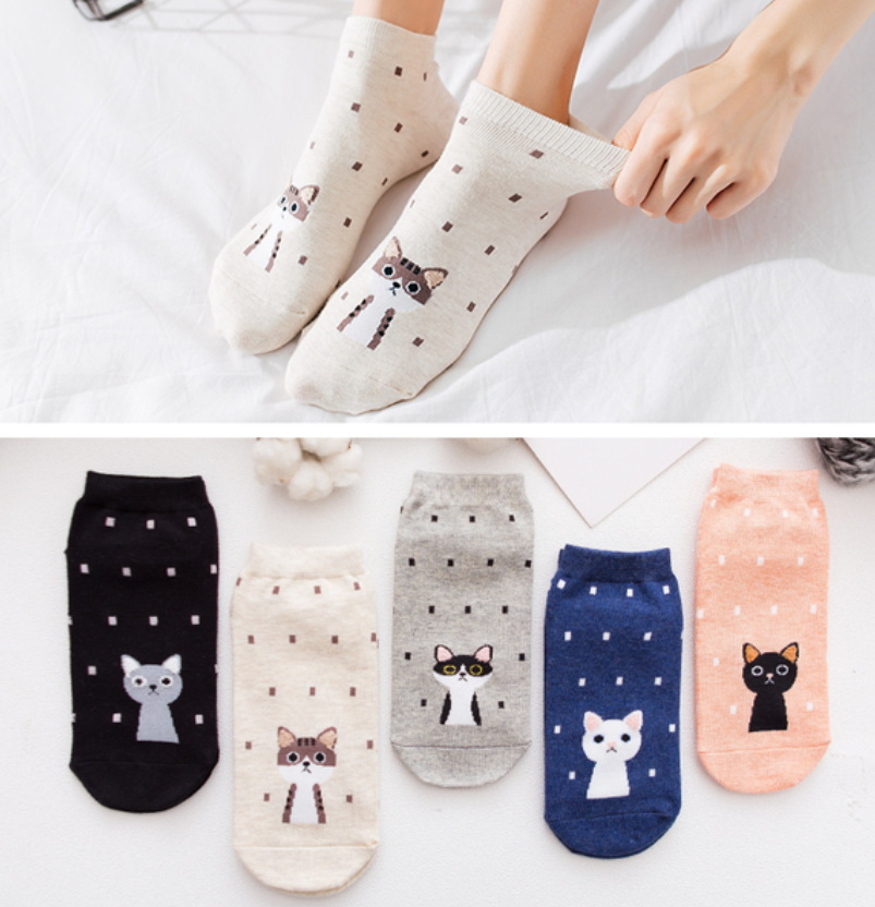 5Pairs/Lot Cheap Fashion Women Socks Funny Cotton Color Cartoon Duck Cat Bear Avocado Cute Happy Casual Soft Girls Short Socks