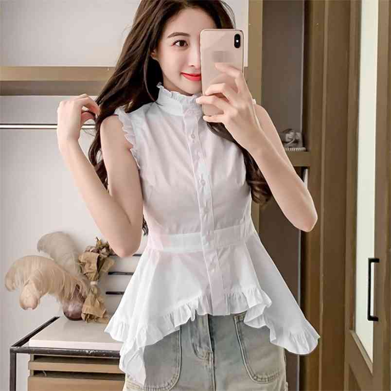 Women Fashion White Stand Collar Sleeveless Tops Female Office OL Irregular Ruffled Stitching Shirt Slim 210519
Women Fashion White Stand Collar Sleeveless Tops Female Office OL Irregular Ruffled Stitching Shirt Slim 210519