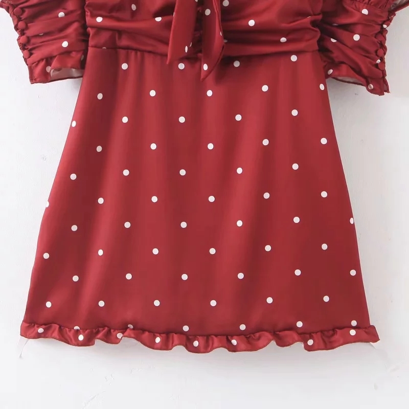 Vintage red polka dot satin dress women puff sleeve mini Sexy elegant chiffon club party es korean vestidos 210521