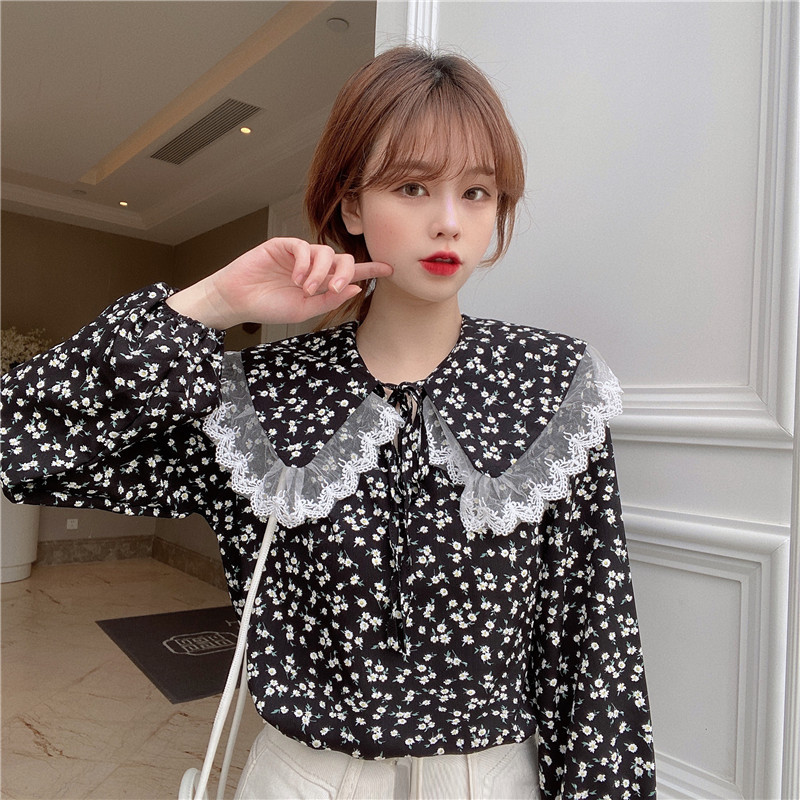 Shirts & Blouses Sweet Chic Puff Long Sleeve Blue Floral Blouse Women Peter Pan Collar Tops Blusas Mujer De Moda Japan Style 210429