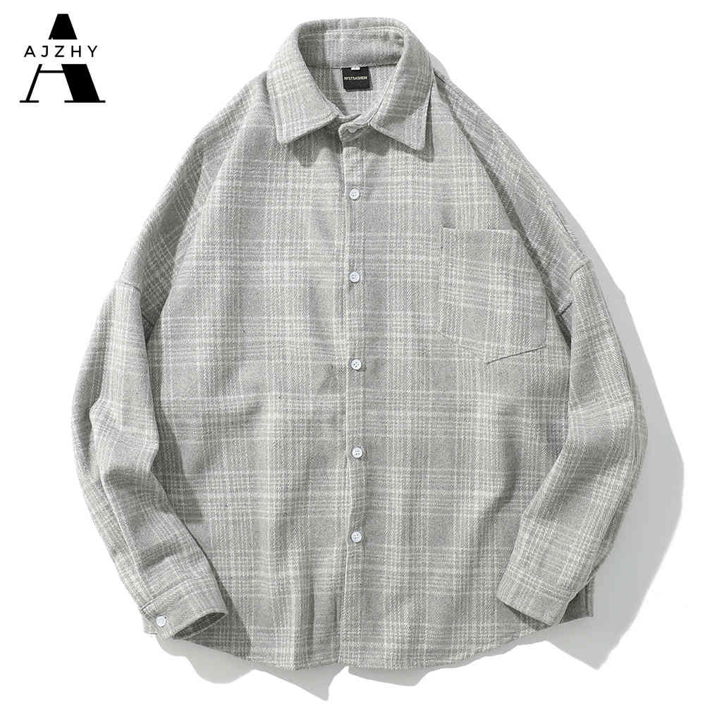 Casual Men Shirt Long Sleeve Autumn Winter Thick Plaid flannel Shirts Mens of Women Vintage Japanese Streetwear Pocket Camisas 210410