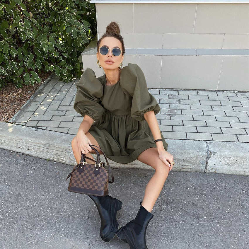 Women Mini Dress Casual O-neck Lantern Sleeve Loose A-lin Streetwear Dress Female Elegant Simple Solid Party Dress Summer 210630