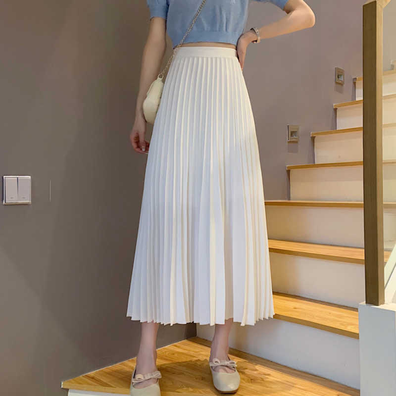 Summer Women Draped Rib Pleated Skirt Elastic High Waist Long Female Autumn Ladies Quality Midi Saia 210619