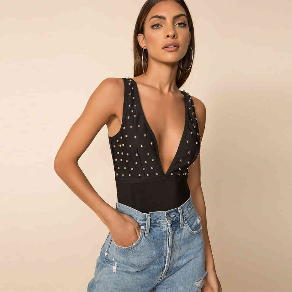 Summer Women Black Beading Bandage Bikini Bodysuits Sexy V Neck Club Runway Party Femal Bodycon Rompers 210423