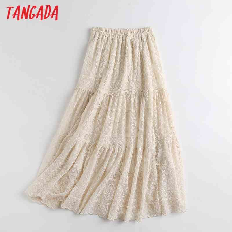 Women Vintage Lace Midi Skirt Faldas Mujer Strethy Waist Ladies Elegant Chic Mid Calf Skirts WF32 210416