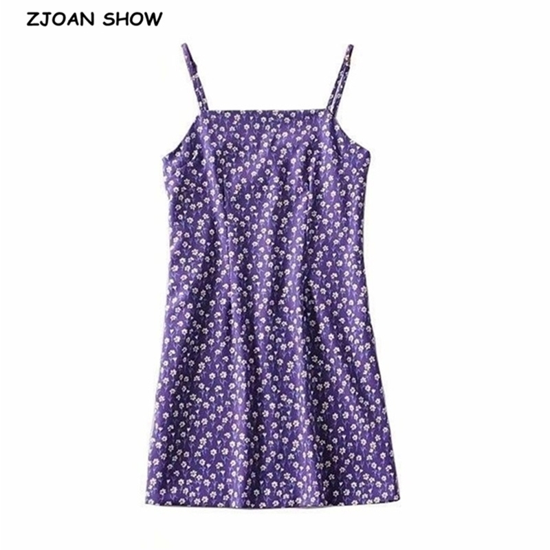 Sexy French Purple Floral Print Spaghetti Strap Women Mini Dress Square Collar Sling Holiday Dresses 210429