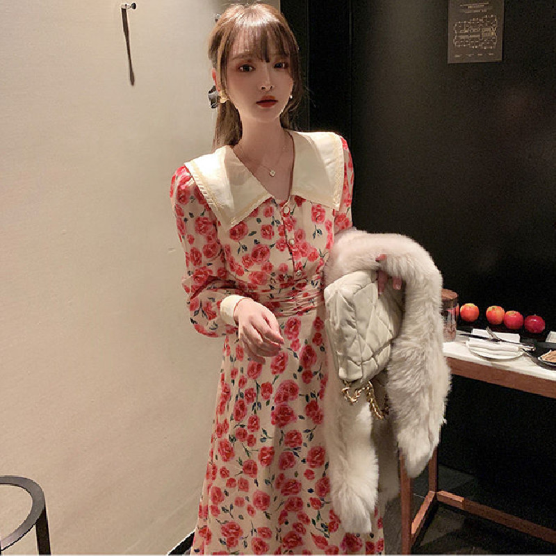 Elegant Floral Dress Women Long Sleeve Flower Vintage Dress Female Peter Pan Collar Slim Dress Korean Spring Chic 210521