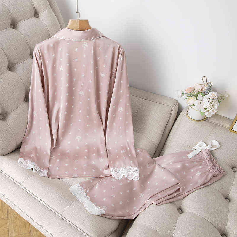 Home Clothes Women's Summer Two Piece Suit Pajamas Ice Silk Satin Thin Outwear Print Lace Pyjamas Sleep Wear Lounge Set 211112