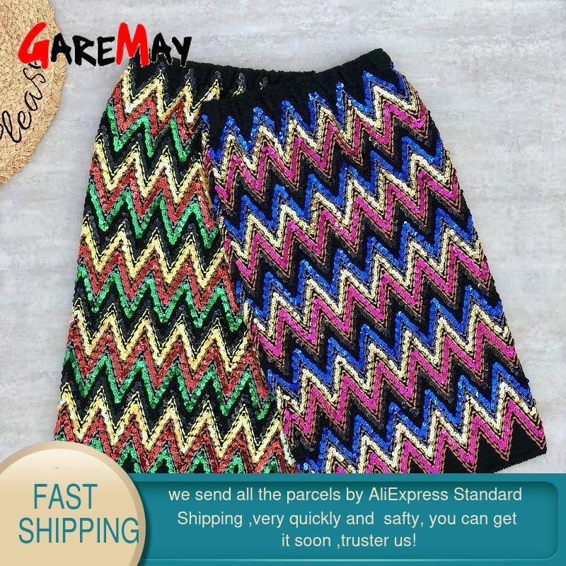 Colorful Sequin Skirts Women Bodycon Pencil Ladies Elastic Stripe Chic Slim Party Female High Waisted Elegant 210428