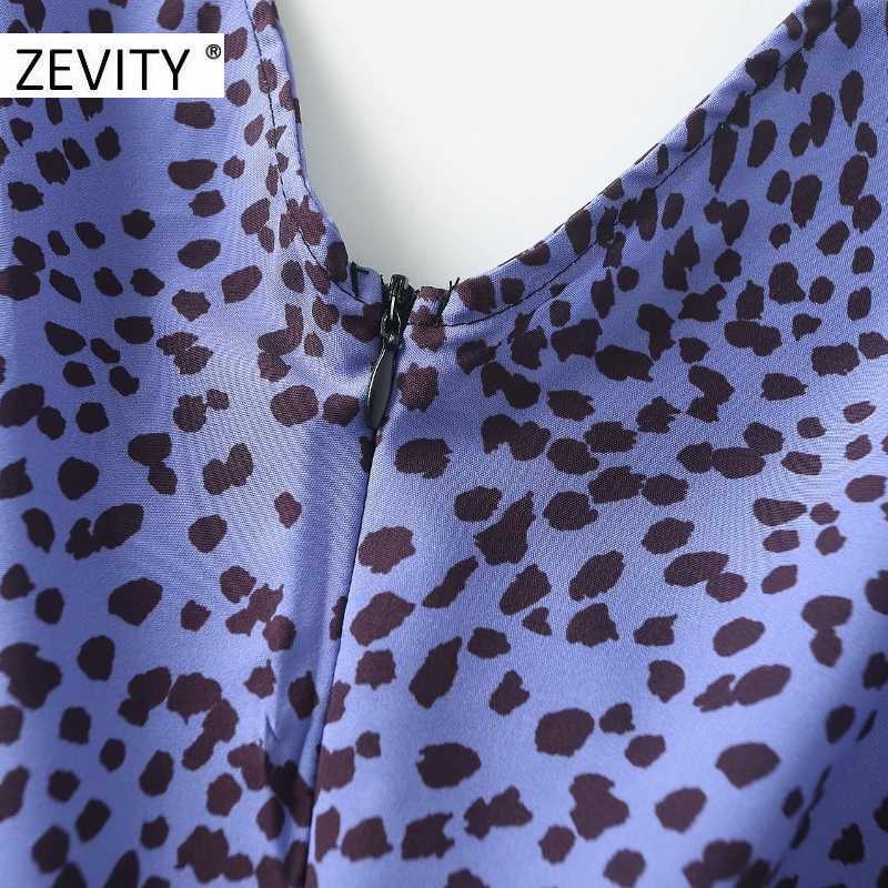 ZEVITY Women vintage v neck leopard dots print pleated slim Dress ladies pleat back zipper Vestidos Casual autumn Dresses DS4454 210603