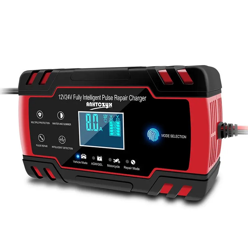 12V/24V 8A Touch Screen Pulse Repair LCD Battery Charger Red For Car Motorcycle Lead Acid Battery Agm Gel Wet - US Plug