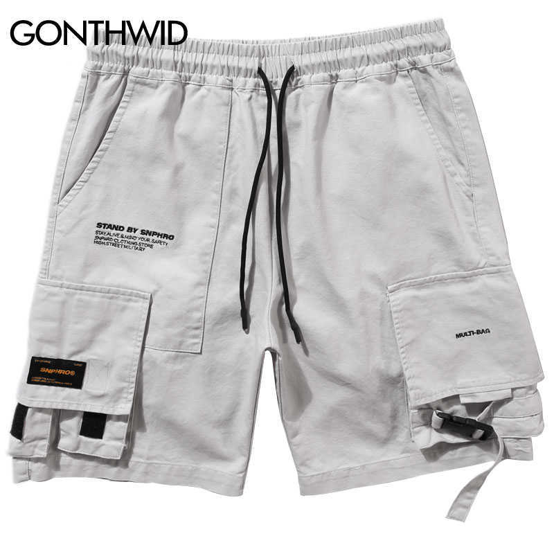 GONTHWID Side Buckle Multi Pockets Cargo Shorts Mens Fashion Casual Short Trousers Streetwear Hip Hop Elastic Waist Pants 210714