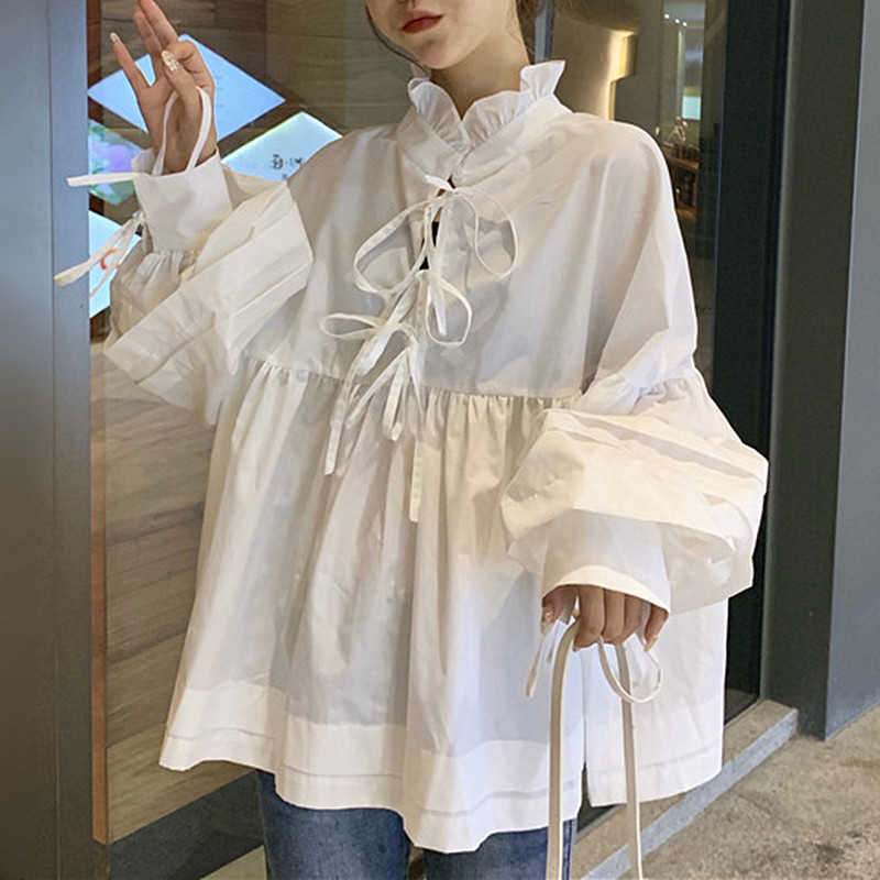 Tricots Femme Tees Tees Kawaii Furill Stand Collier Babydoll Chemisier Femelle Plus Taille Taille coréenne Cravate à lacets avant Hauts Blanc Bla