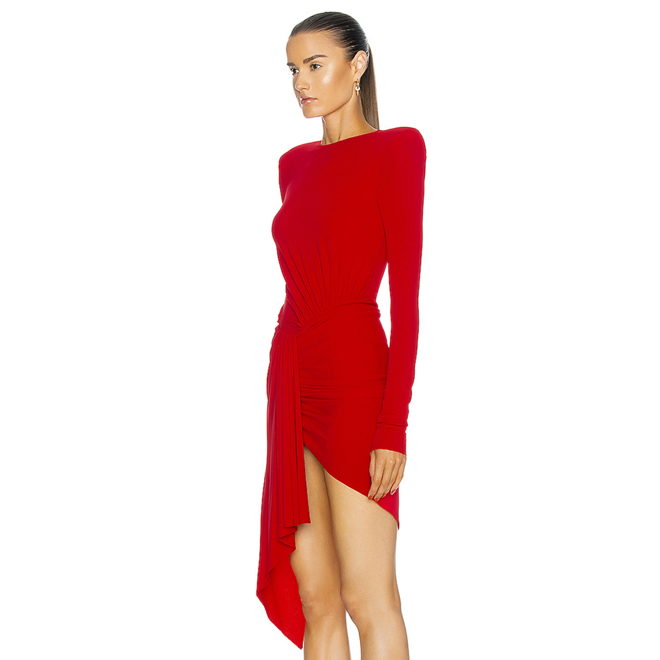 Winter Women Red Long Sleeve Bodycon Dress Sexy O Neck Draped Mini Length Celebrity Club Evening Party Lady 210423