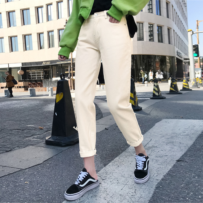 Cotton White Jeans Women High Waist Harem Mom spring Plus Size black jeans denim Pants beige Casual HC33H 210420