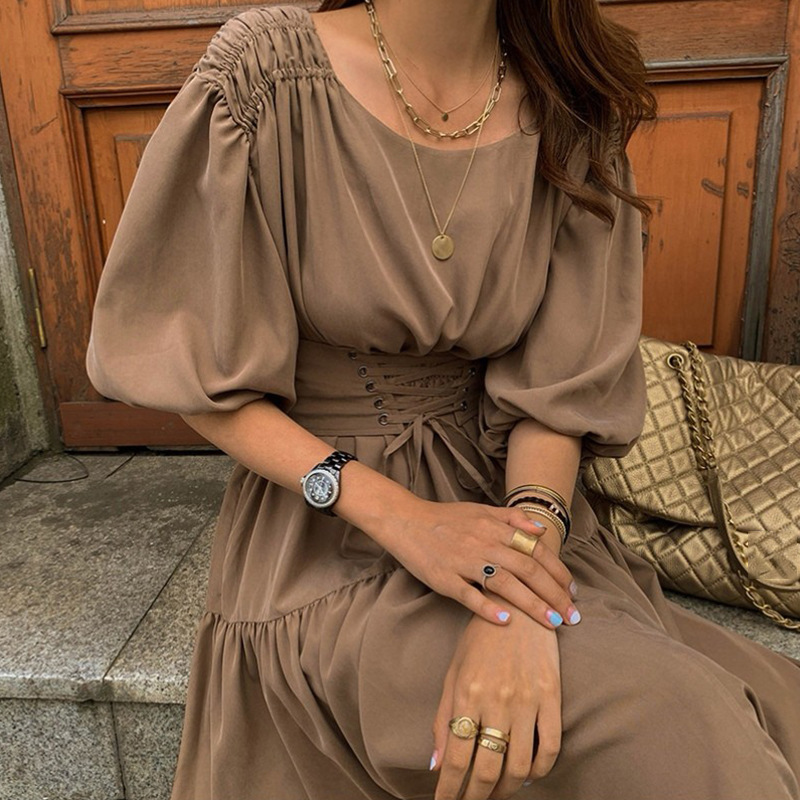 Summer Dress Round Neck Sashes Elegant Slim Lantern Sleeve Loose Fit Fashion 2H125 210526