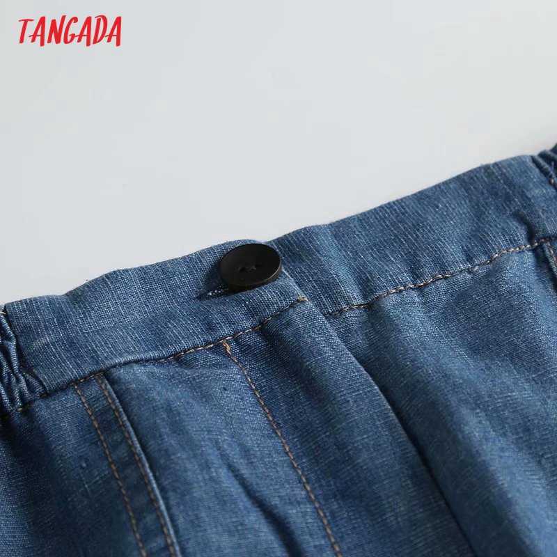 Tangada Fashion Women High Quality Loose Jeans Pants Long Trousers Strethy Waist Pockets Buttons Female 4C144 210922